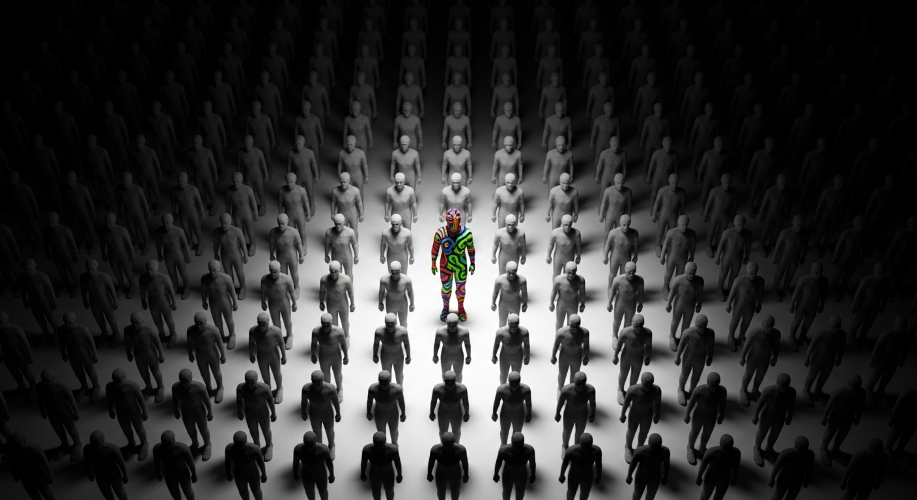 A single vibrant figure painted in bold, multi-colored patterns stands illuminated among hundreds of identical grey figures in perfect formation—representing creative differentiation and standing out in a sea of AI-generated sameness.