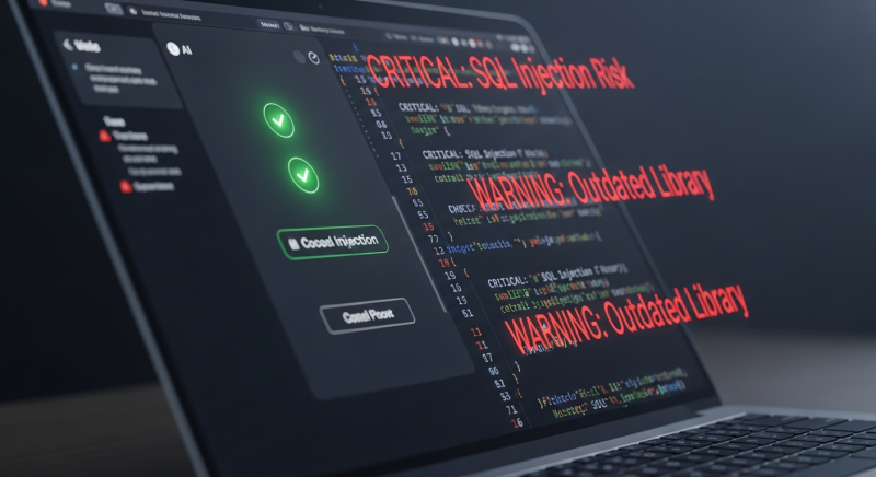 Dark laptop screen displaying AI-generated code with red 'CRITICAL SQL INJECTION RISK' and 'OUTDATED LIBRARY' warnings highlighted, symbolizing hidden vulnerabilities in vibe coding apps